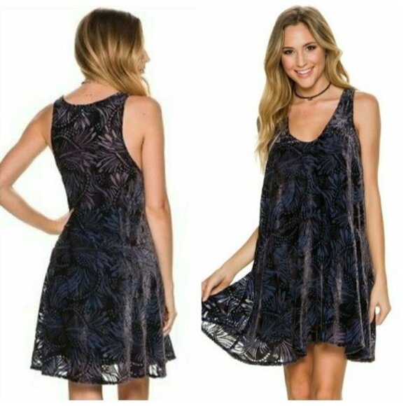 Free People Dresses & Skirts - Free People Ellie Burnout Blue Velvet Sleeveless Boho Mini Dress Sz S 1284